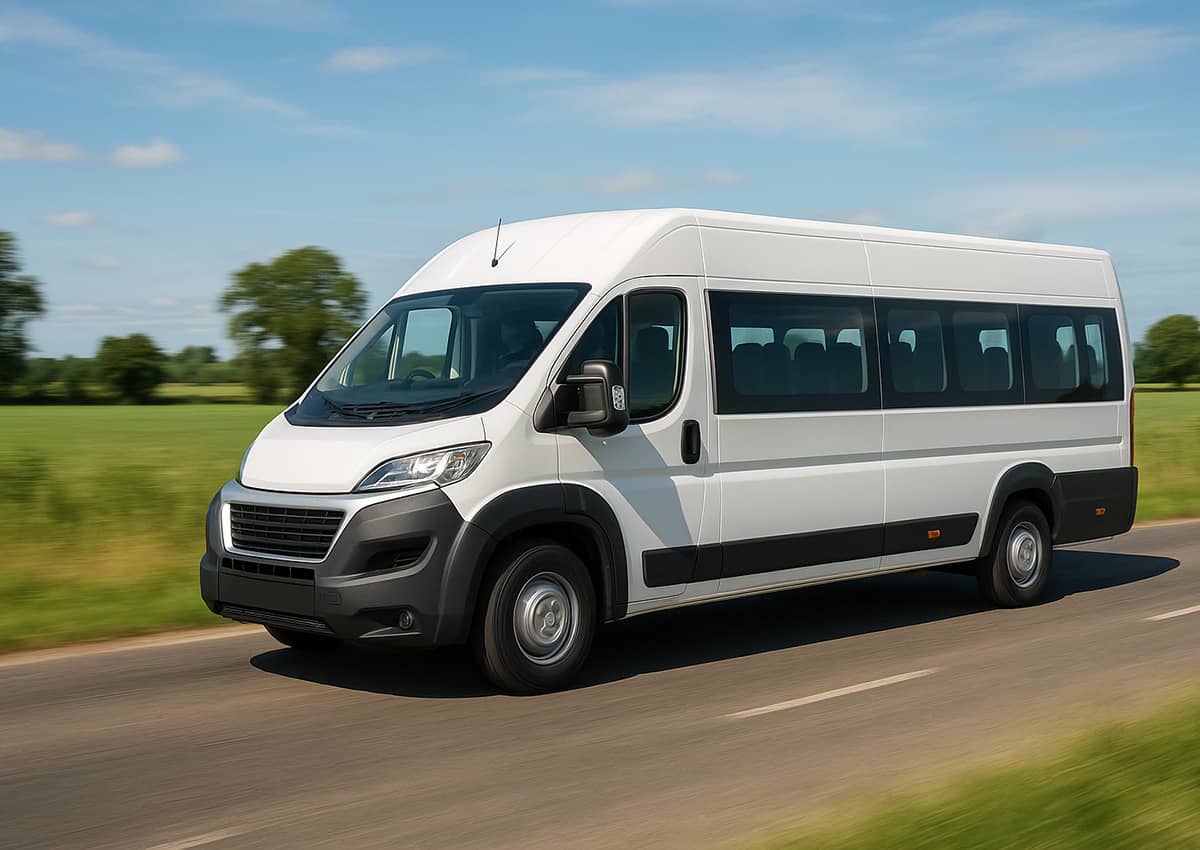 White minibus driving on countryside road near Swadlincote, perfect for group transportation and family trips