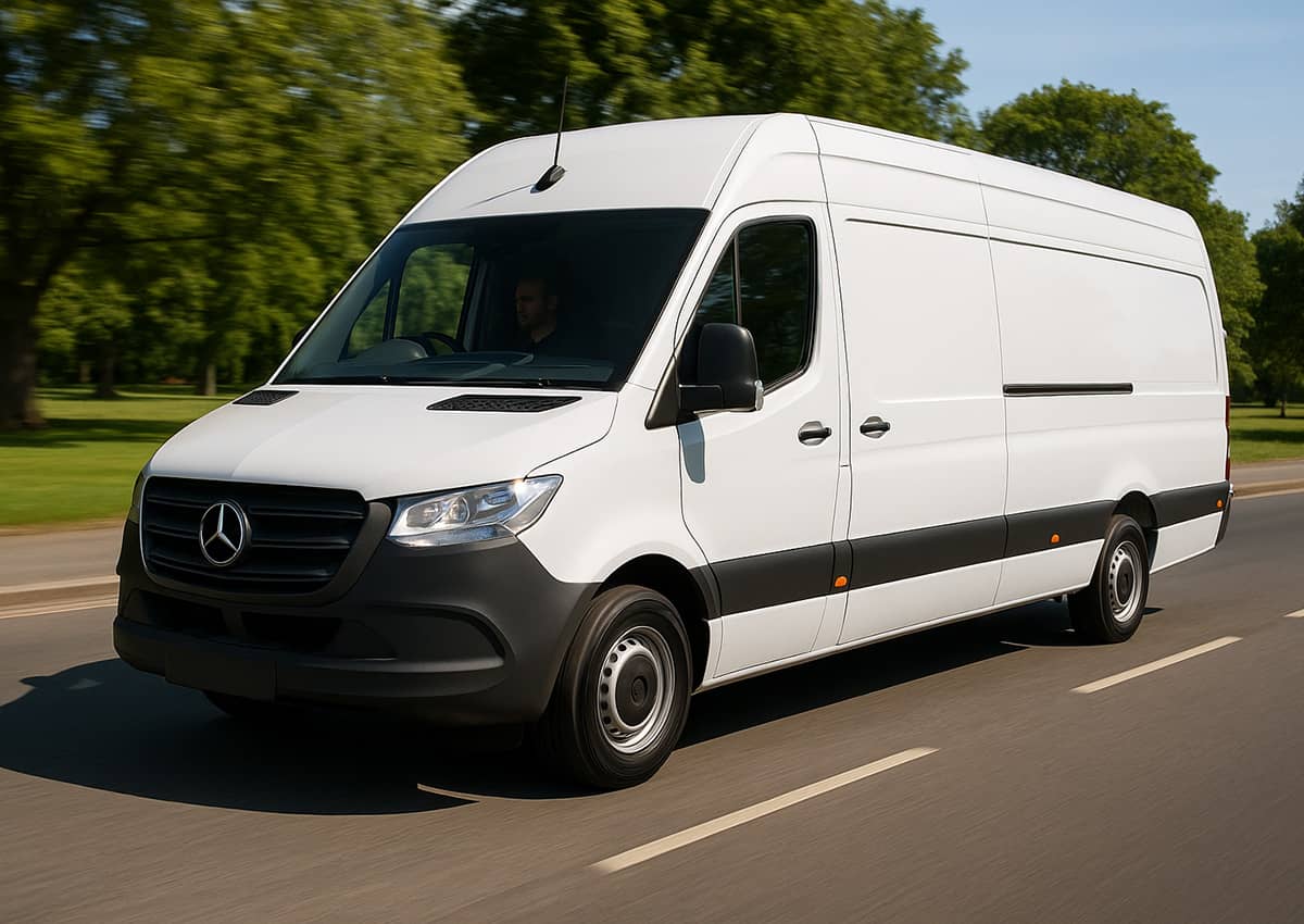 White Mercedes Sprinter van driving on road with green countryside, showcasing professional van hire services in Swadlincote