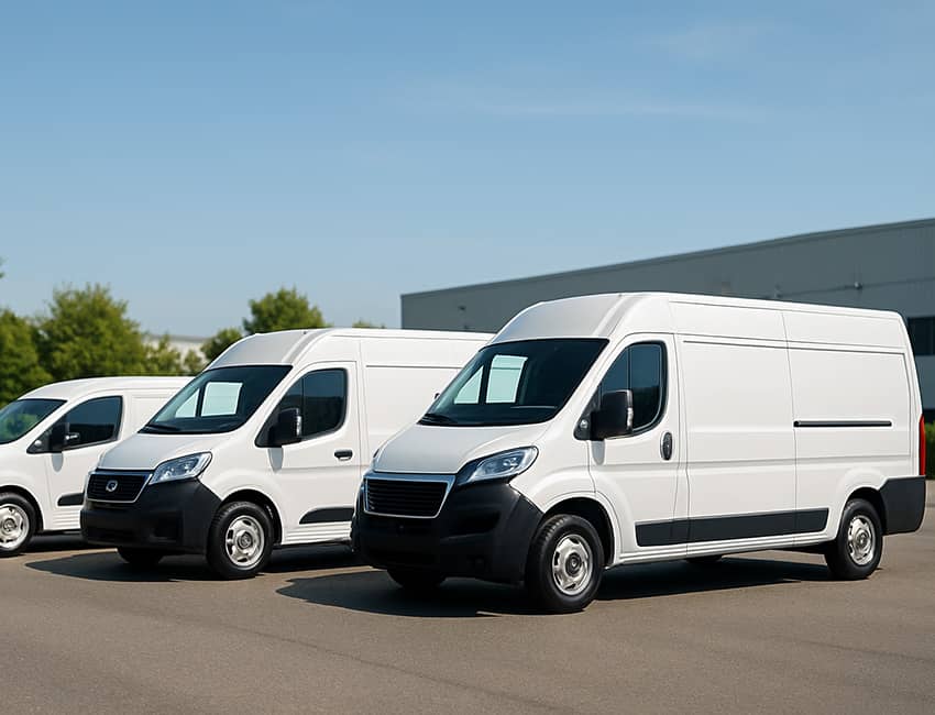 Fleet of white commercial vans at Swadlincote Van Hire Services depot, showcasing our range of vehicles available for hire
